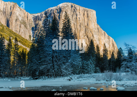 Winter landscape with iced river and El Capitan mountain behind, Yosemite National Park, California, USA Stock Photo