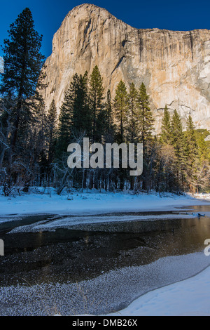 Winter landscape with Tenaya Creek and El Capitan mountain behind, Yosemite National Park, California, USA Stock Photo