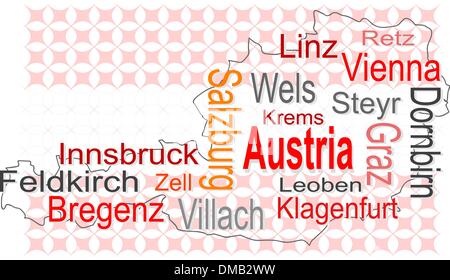 austria map and words cloud with larger cities Stock Vector