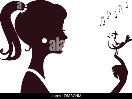 young beautifu girl silhouette with little bird Stock Vector