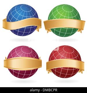 planet globes in golden ribbons Stock Vector