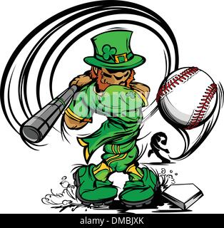 St. Patricks Day Leprechaun Swinging Baseball Bat Stock Vector