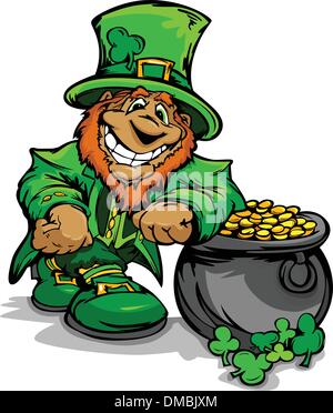 Smiling St. Patricks Day Leprechaun with Pot of Gold Stock Vector