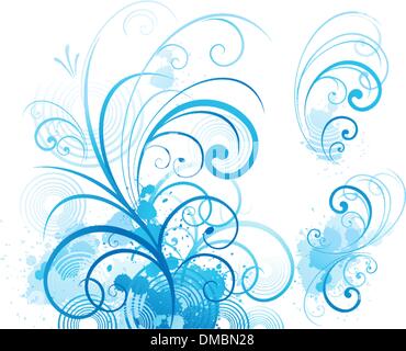 Blue swirling flourishes floral elements Stock Vector