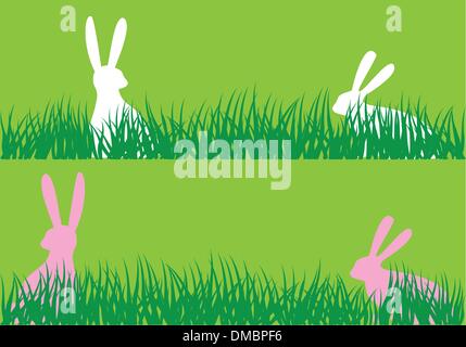 easter bunnies in grass, vector Stock Vector