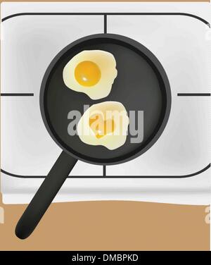Illustration of fried eggs in black pan Stock Vector