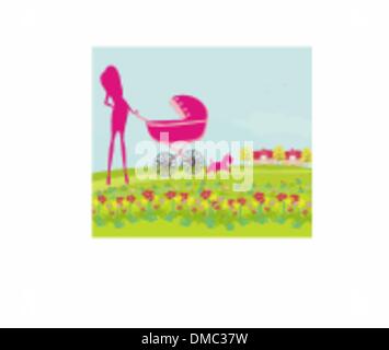 beautiful pregnant woman pushing a stroller walking with her dog in a park Stock Vector