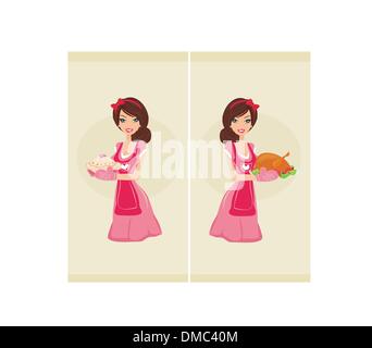 Beautiful Waitress serving chicken and cake Stock Vector