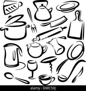 big set of kitchen tools, vector sketch in simple black lines Stock Vector