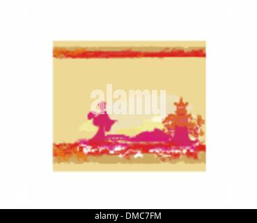 abstract Asian Landscape with geisha silhouette Stock Vector