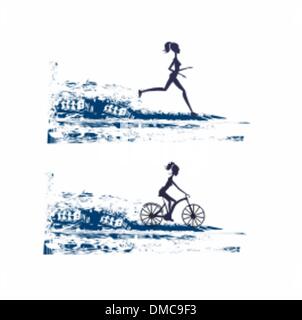 silhouette of marathon runner and cyclist race - abstract backgr Stock Vector