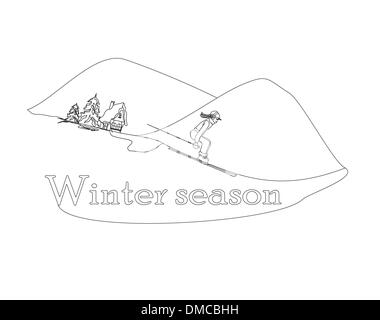 illustration of a young woman skiing down a snow covered mountai Stock Vector
