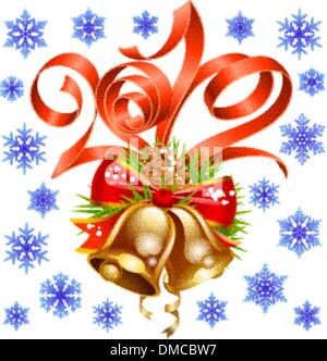 Christmas and New Year decoration, red ribbon, golden bell, snowflake set Stock Vector