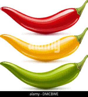 Hot chilli pepper vector set isolated on white background. Red, yellow and green. Stock Vector