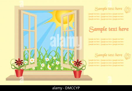 Opened plastic window in room with view to green field. vector Stock Vector