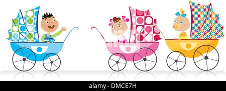 Cute Babies in baby strollers Stock Vector