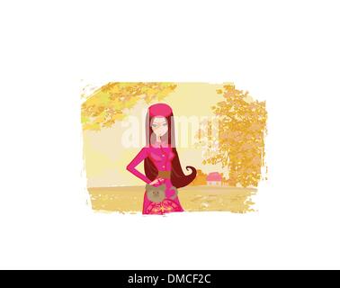 Girl walking with her dog in autumn landscape. Stock Vector
