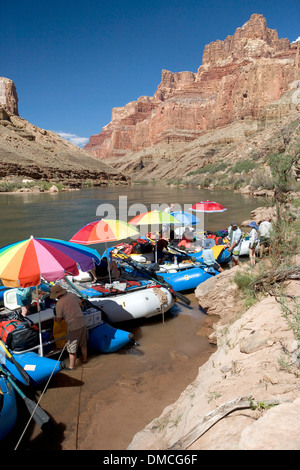 White water rafts with colorful umbrellas tied up alongside the Colorado River during a 21 day Grand Canyon adventure Stock Photo