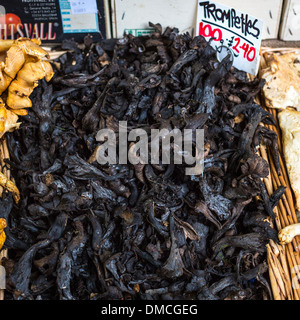 Black trompette mushrooms also known as the 'horn of plenty' on sale at Borough Market, London. Stock Photo