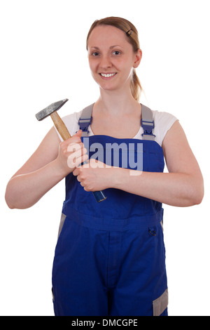 Strong woman holding a hammer in her hand, isolated on white Stock Photo