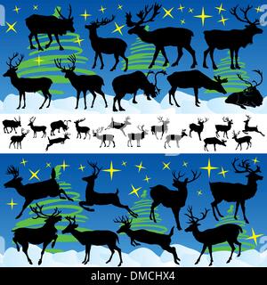Reindeer Christmas Silhouettes and Isolated on White Stock Vector