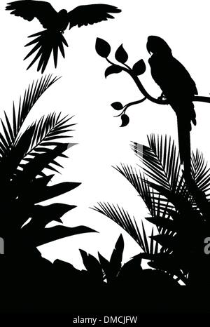 Tropical bird silhouette with garden background Stock Vector