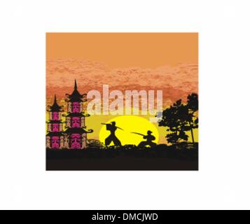 Silhouette illustration of two ninjas in duel Stock Vector