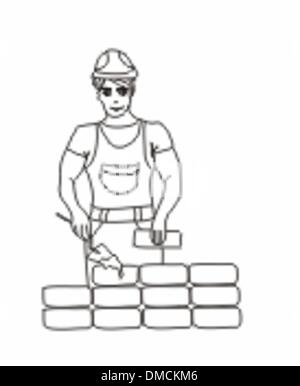 Builder working. Working mason makes laying bricks. Stock Vector