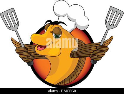 funny yellow fish cook cartoon Stock Vector