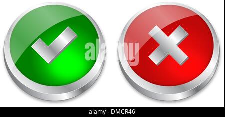 Tick and Cross buttons in green and red colors Stock Vector