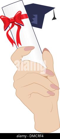hand holding a graduation cap and diploma in the air Stock Vector