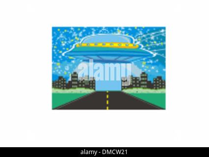 UFO spaceship and big night city Stock Vector