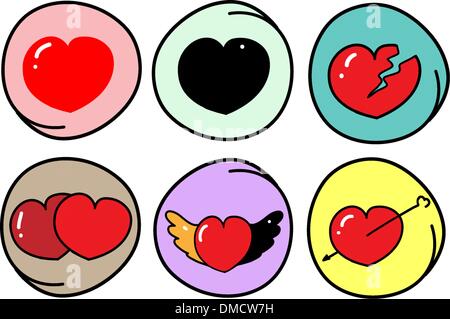 Set of Different Heart Symbols on Round Background Stock Vector