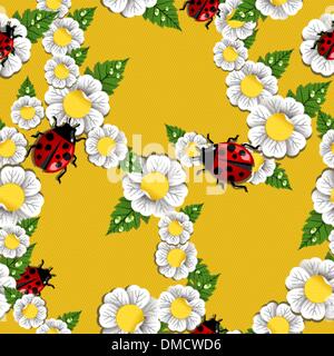 Spring flowers and ladybug pattern Stock Vector