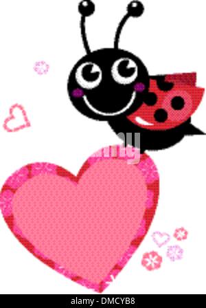 Cute flying Ladybug holding heart isolated on white Stock Vector