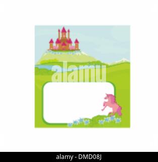 Portrait frame with fairy tale castle and beautiful country side Stock Vector