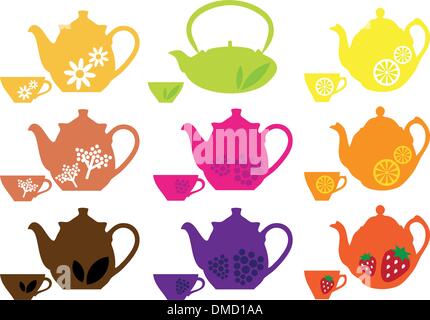 tea pots and cups with fruits, vector Stock Vector
