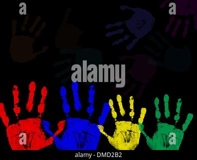 Colorful hand prints isolated on black Stock Vector