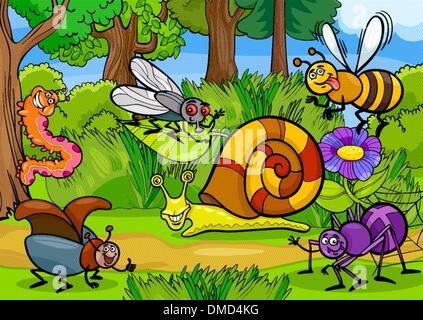 cartoon insects on nature rural scene Stock Vector