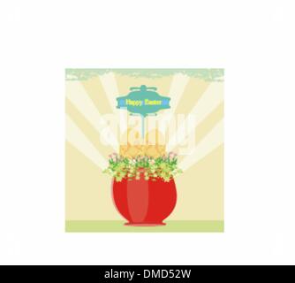 Red flowerpot with green grass and easter eggs Stock Vector