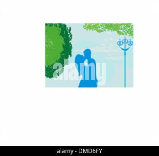 Couple kissing at sunset on the park, background vector illustra Stock Vector