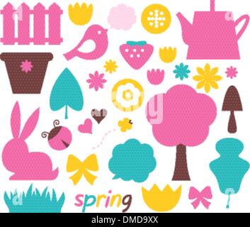 Cute spring and easter colorful design elements isolated on white Stock Vector