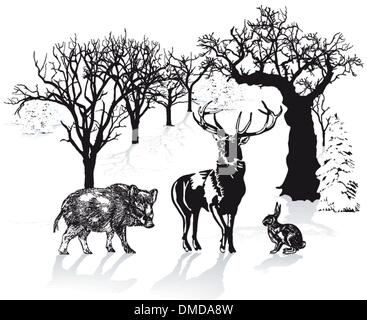 Deer, wild boar and rabbit in winter landscape Stock Vector