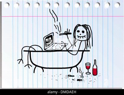 funny picture on the notebook sheet in line Stock Vector