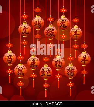 Chinese  zodiac symbols on the lantern Stock Vector