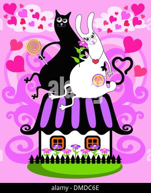 cat and a rabbit on the roof Stock Vector