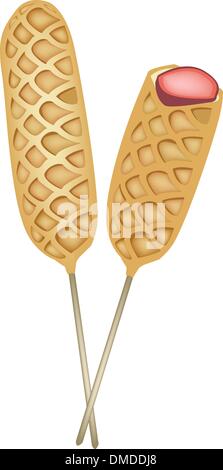 Two Freshly Corn Dogs or Hot Dog Waffles Stock Vector