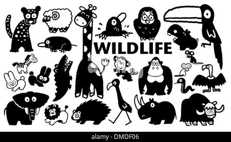 Wildlife cartoon icons in black Stock Vector