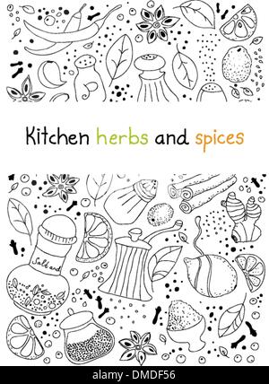 Kitchen herbs and spices doodle background Stock Vector