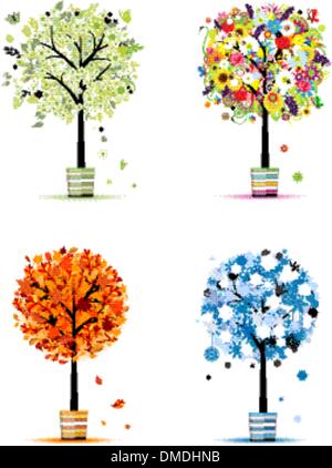 Four seasons - spring, summer, autumn, winter. Art trees in pots for your design Stock Vector